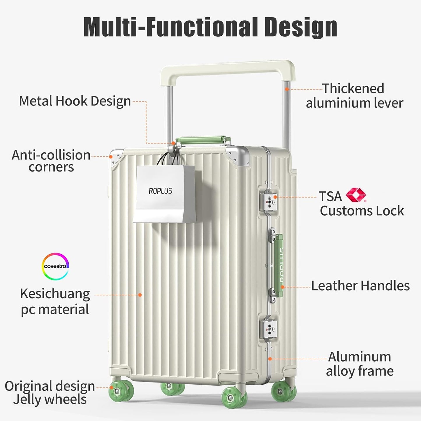 Aluminium Frame Checked-Luggage with Smooth Jelly Wheels, Hardside Zipperless Rolling Suitcase with TSA Lock (WhiteGreen, 28-Inch)