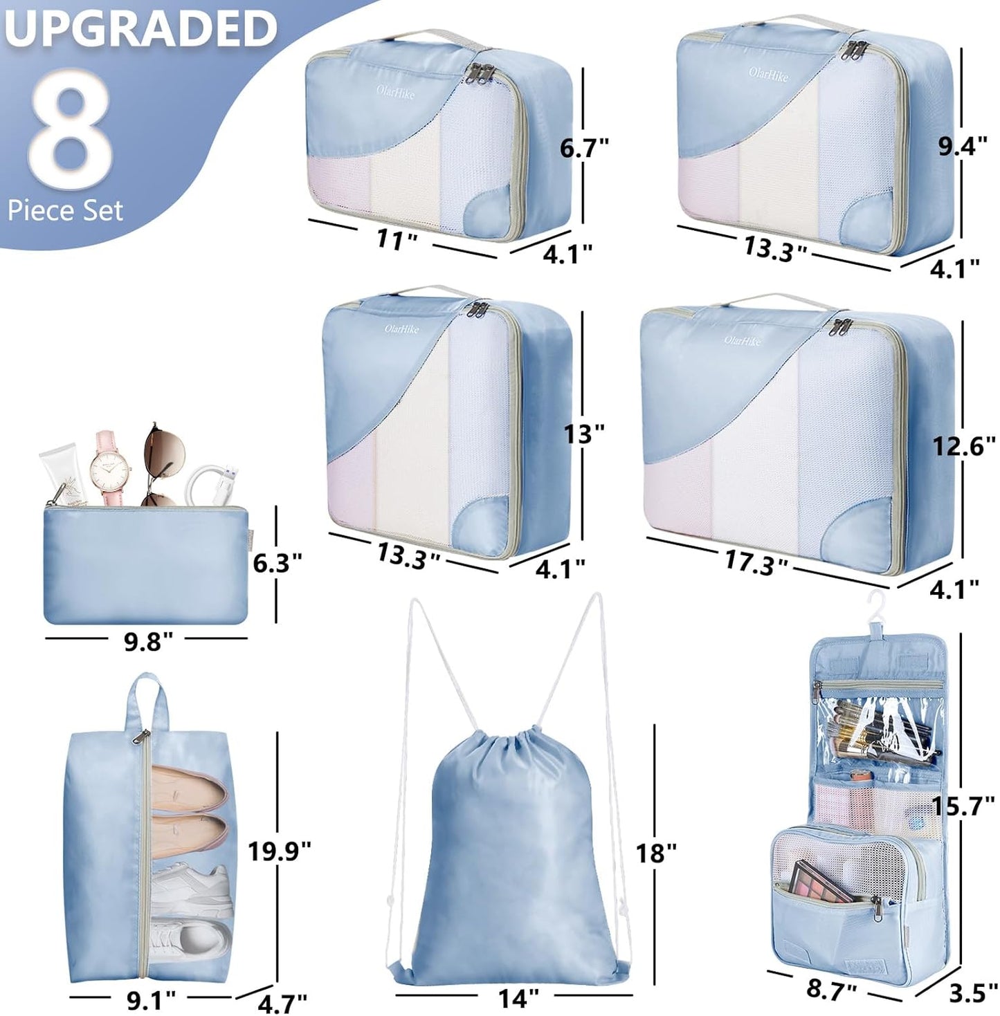OlarHike 8 Set Packing Cubes for Travel, 4 Various Sizes(Extra Large,Large,Medium,Small), Luggage Organizer Bags for Trip Accessories Essentials, for Carry on Suitcases (Blue)
