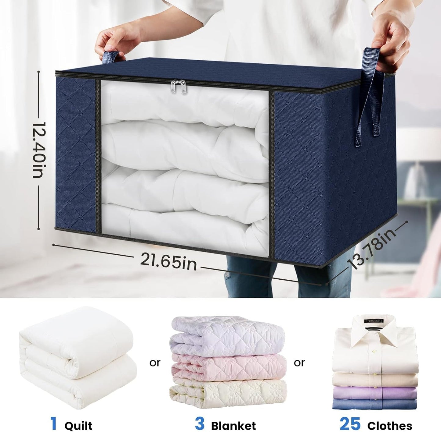 Fab totes 4 Pack Clothes Storage, Foldable Thick Fabric Blanket Storage Bags, Containers for Organizing Bedroom, Closet, Clothing, Comforter,Closet Organization with Handle,Blue