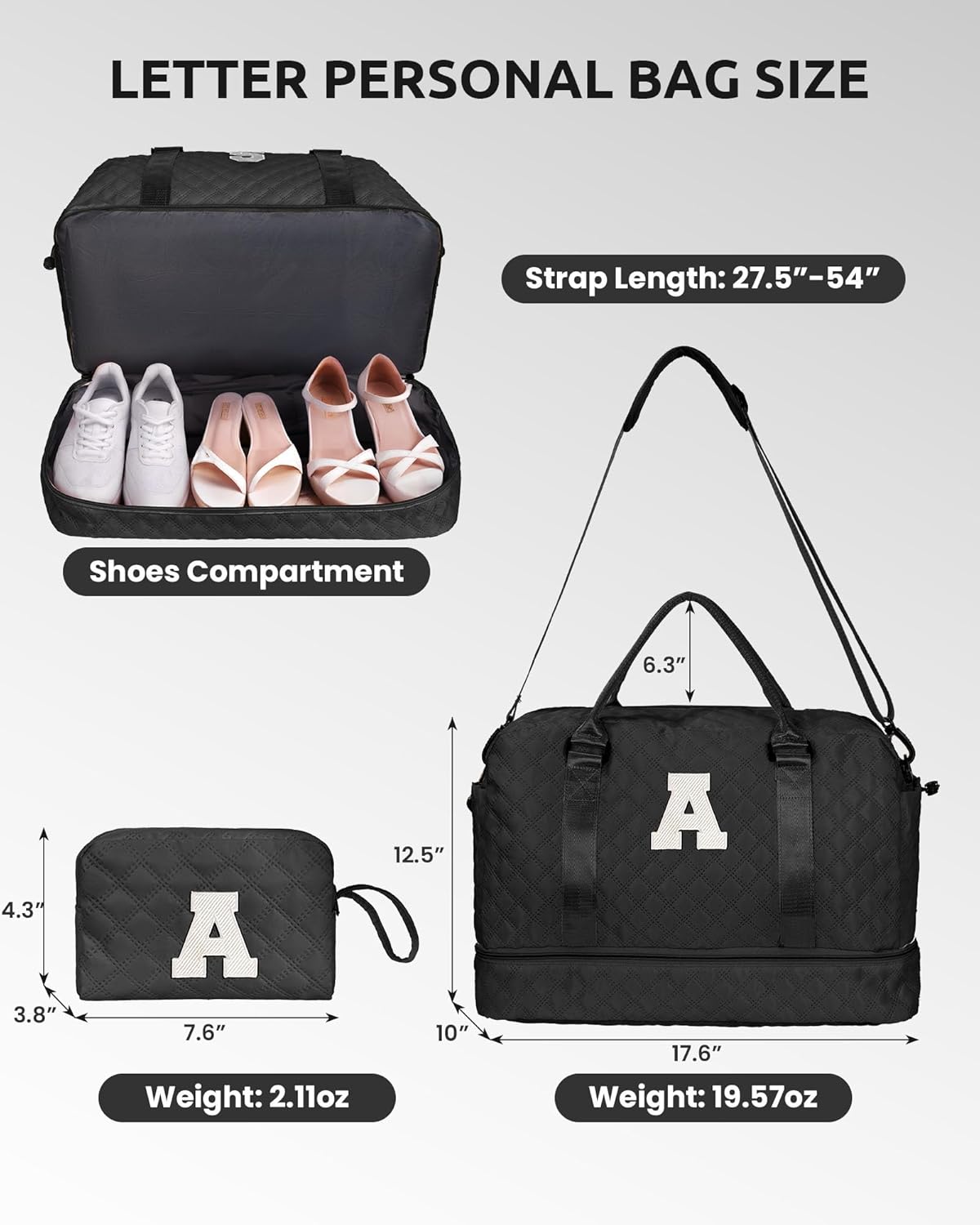 Gifts for Teen-Girls-Initial Duffle Bag with Shoe Compartment, Personalized Weekender Bag, Monogram Overnight Bag, Travel Bag with Makeup Bag，Birthday Gift Graduate Gifts for Her (Letter H)