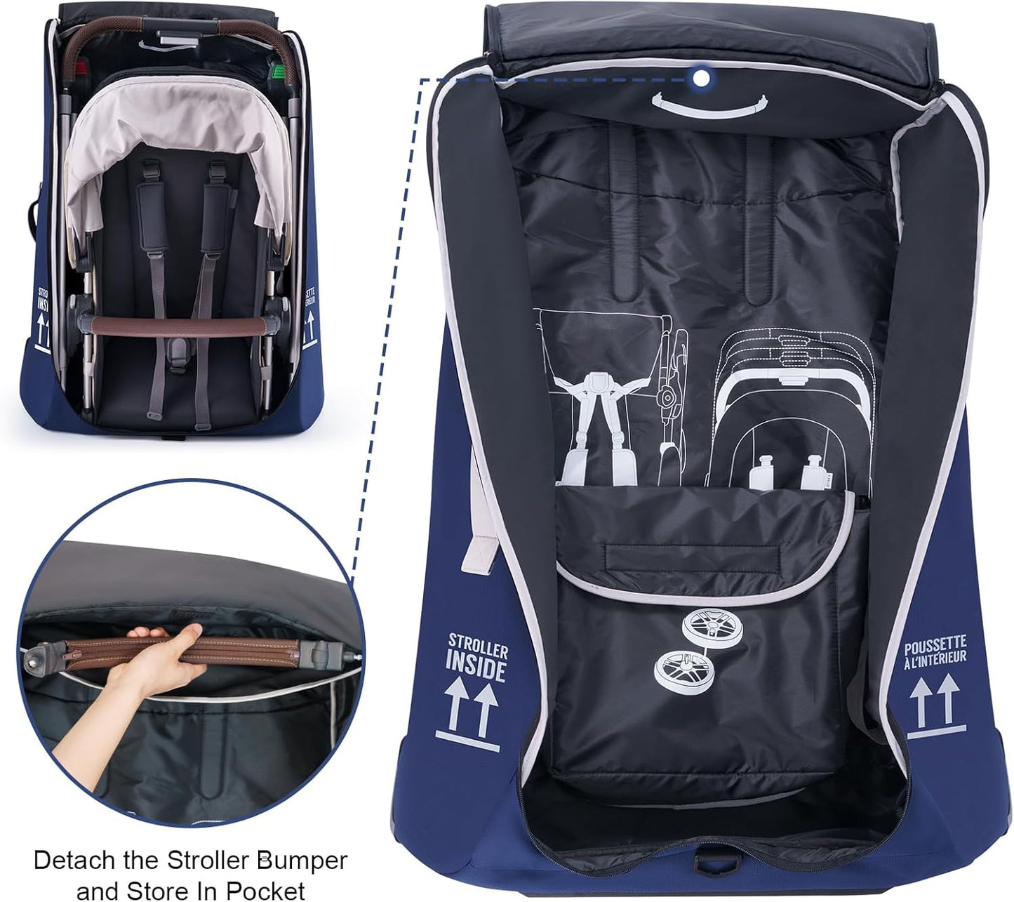Stroller Bag for Airplane, Stroller Travel Bag Compatible with UPPAbaby Vista, Vista V2, Cruz V2, Rolling Wheel Bag with Storage Pocket, Multiple Handles, Luggage Tag for Flight Travel, Navy