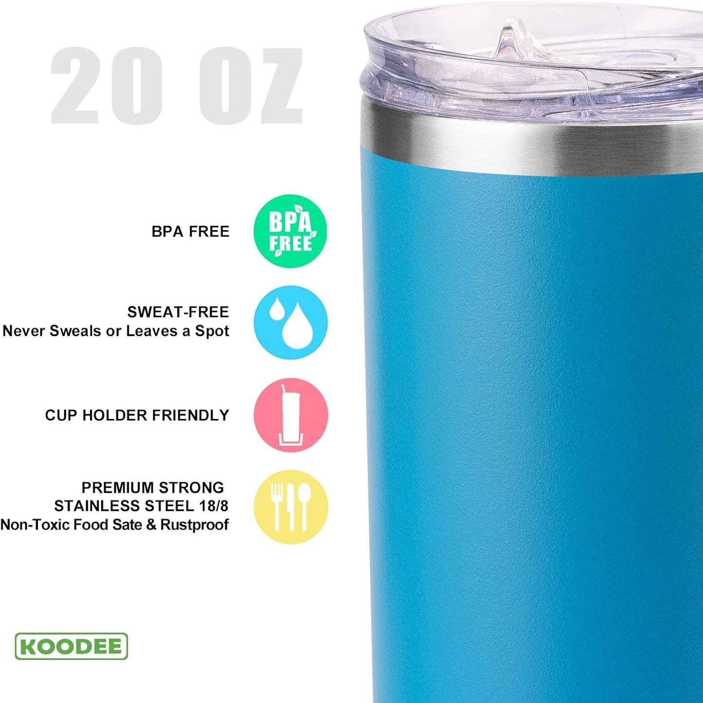 koodee Tumbler with Lid and Straw-20 oz Stainless Steel Vacuum Insulated Water Tumbler Cup for Adults, 2 Pack Slim Travel Coffee Tumbler for Women (Teal-Sky Blue)