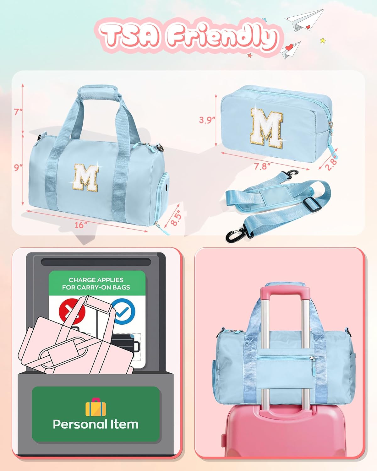 Valentines Day Gifts for Her-Girl Gym Bag with Shoe Compartment, Kid Personalized Weekender Overnight Bags, Initial Travel Tote with Makeup Pouch, Girls Kids Easter Gift (Letter V)