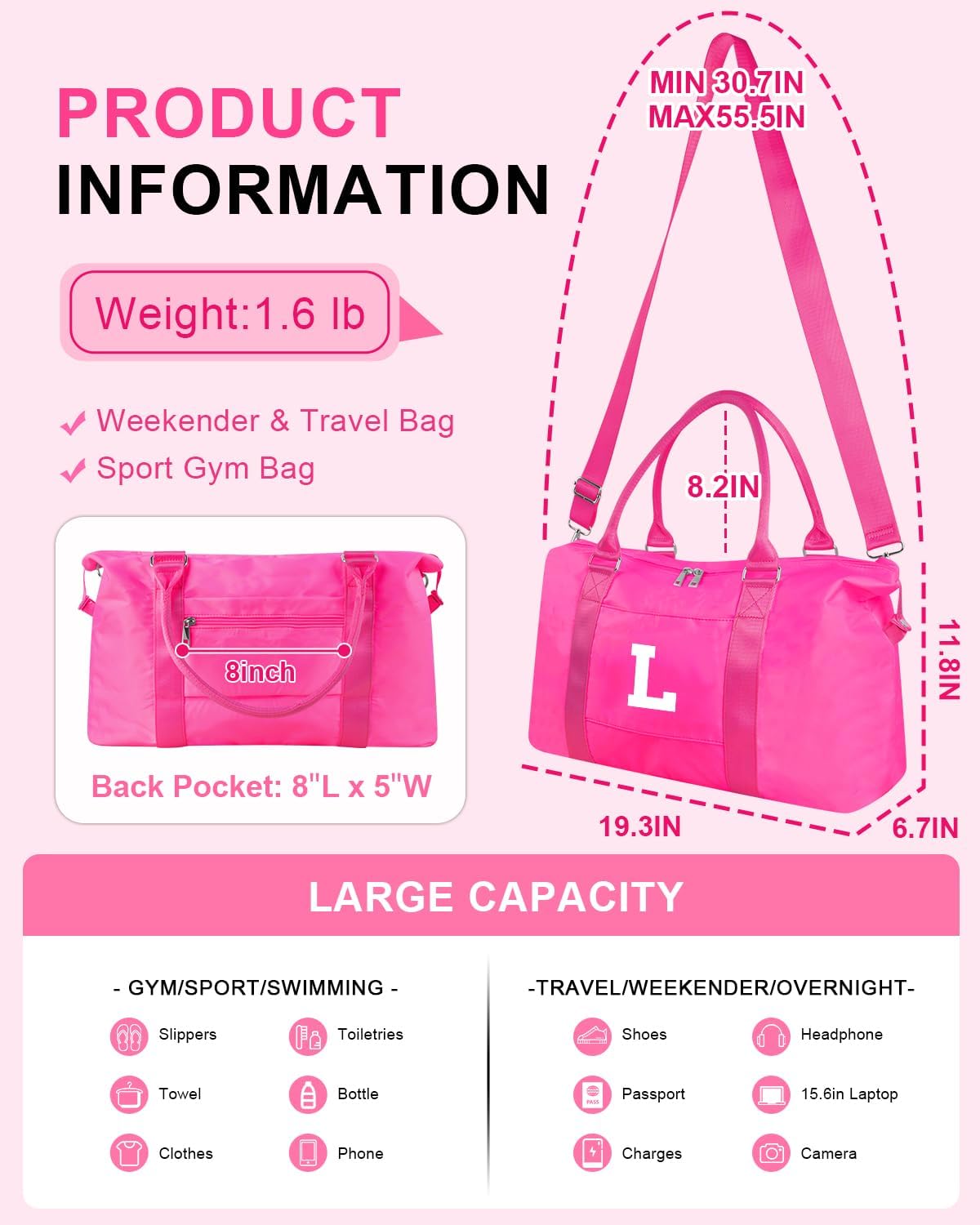 Overnight Bag for Kids Teen Girls Weekender Dance Bag Birthday Graduation Gifts,Initial Travel Duffel Bag Sports Gym Bag Personalized Weekender Bag Carry On Bags Preppy Gifts for Women(Hot Pink, L)