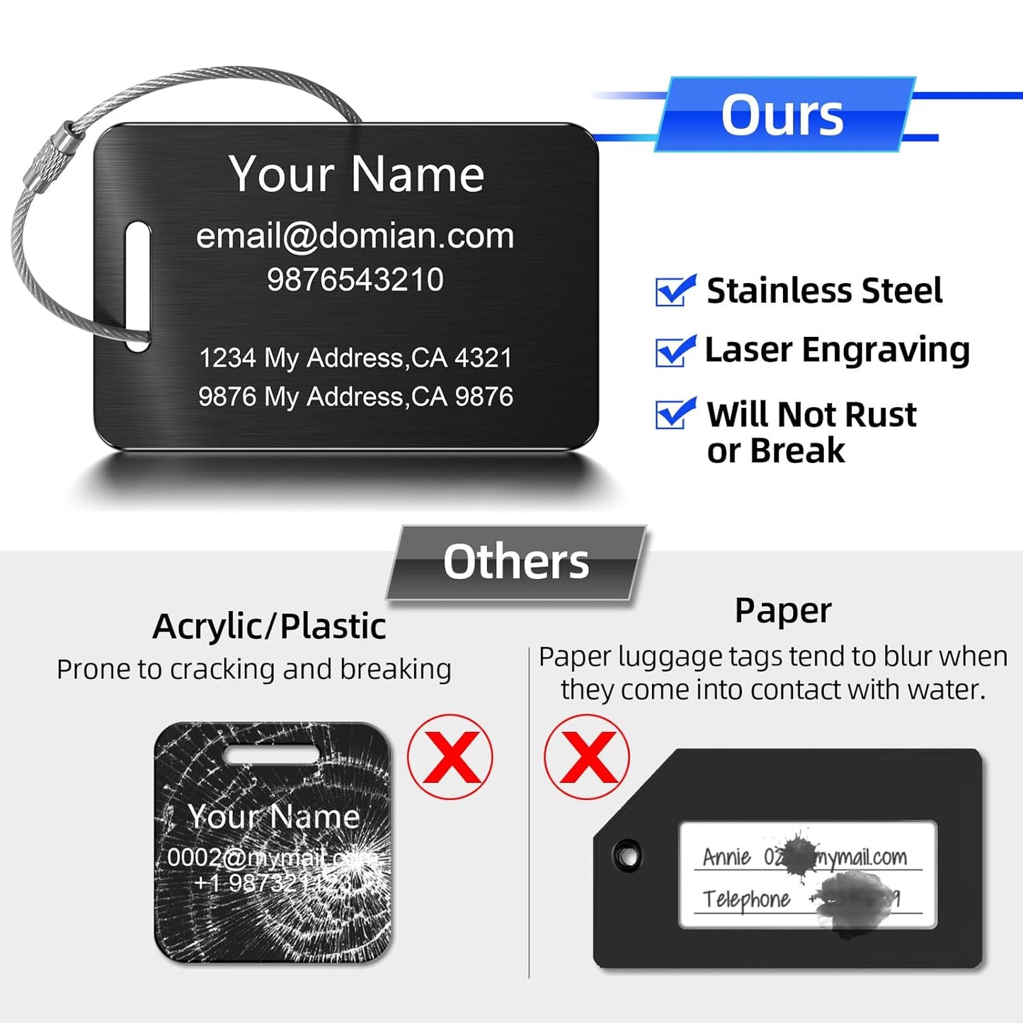 Stainless Steel Personalized Luggage Tags for Suitcases - Custom Name ID Travel Tags for Luggage, Backpacks, Baggage and Bags - Metal Unique Lable - Travel Essentials Accessories for Kids, Women, Men