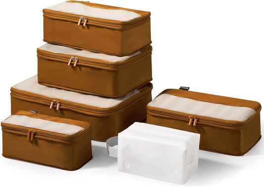 6 Set Compression Packing Cubes for Travel Essentials, Luggage Organizers for Suitcases (Dark Brown)