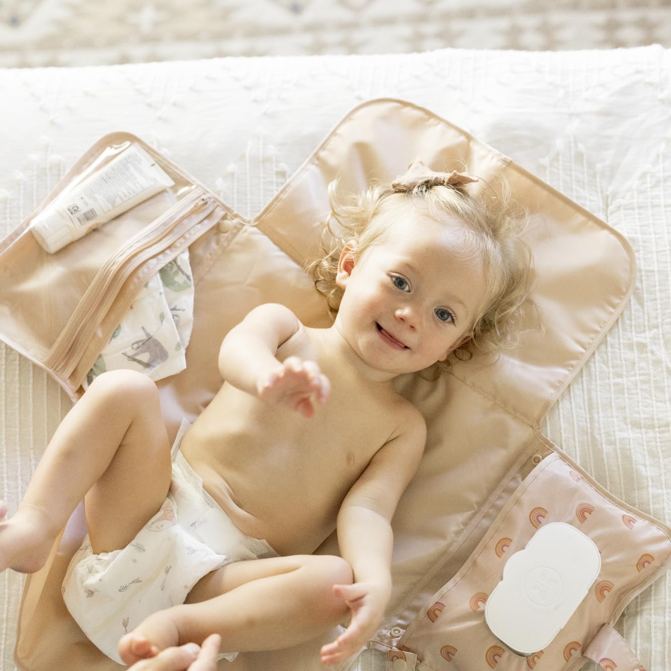 Tiny Twinkle Portable Diaper Changing Pad-Foldable Waterproof Changing Mat&Portable Changing Pad for Travel,Baby Changing Station with Smart Wipes Pocket&Storage (Boho Rainbow)