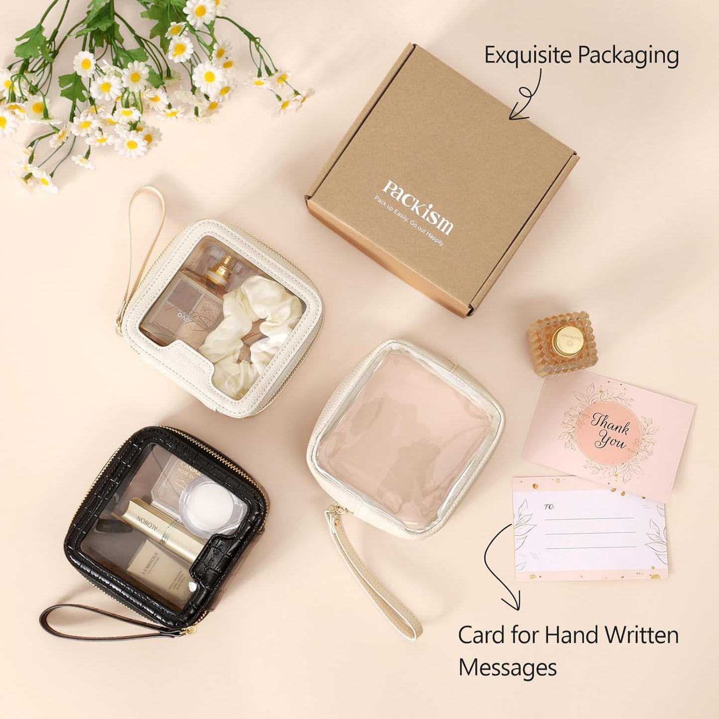 PACKISM Small Clear Makeup Bag - PU Leather Clear Travel Bags for Toiletries Mini Makeup Bag for Purse, Portable Cosmetic Bag Car Bag for Essentials for Women Gift Daily Use (Beige Mini)