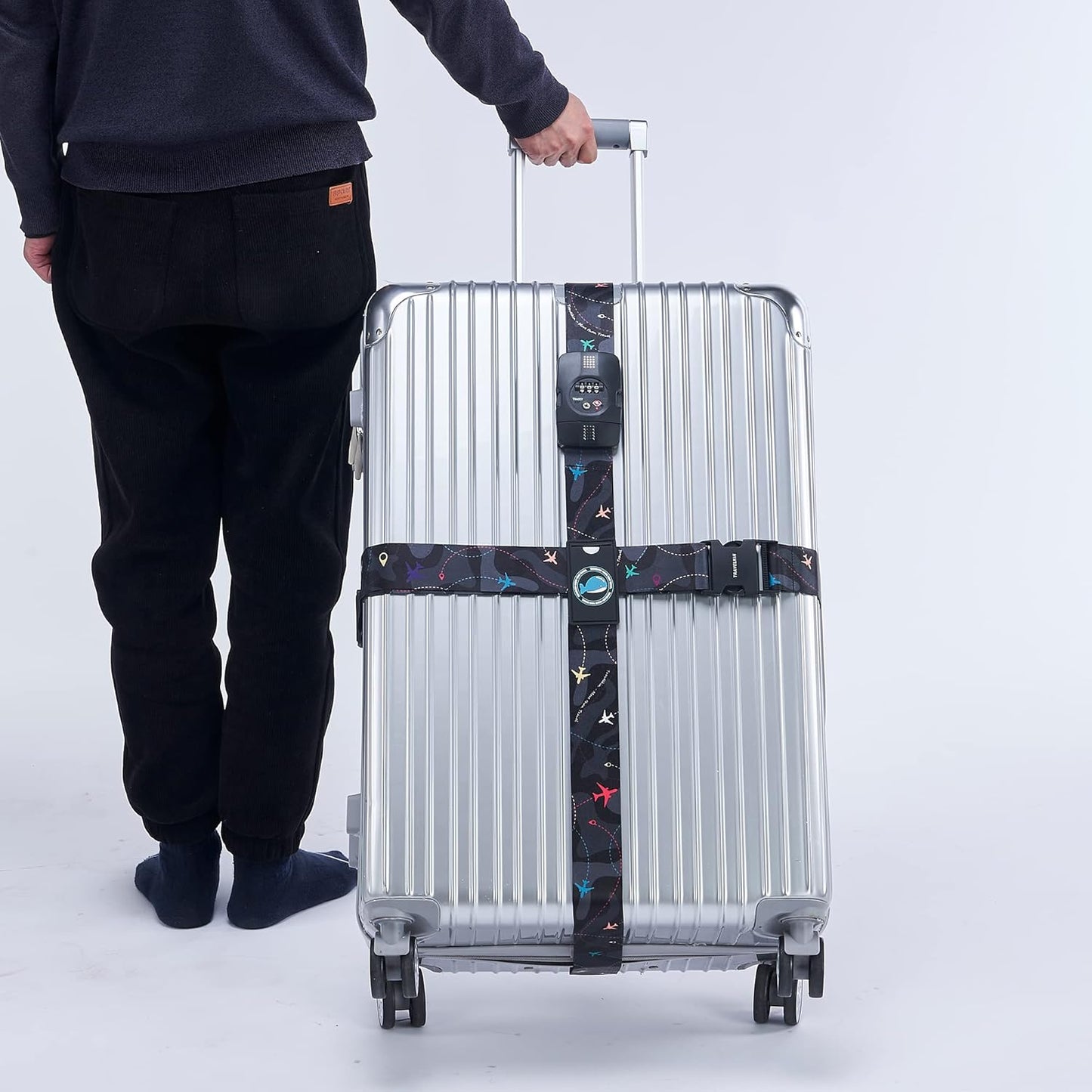 Travelkin Luggage Straps TSA Approved - Adjustable Cross Suitcase Straps with TSA Lock, Reinforced Buckle, Unique Pattern - Secure Heavy Duty Luggage Straps for Travel (Air Line Black)