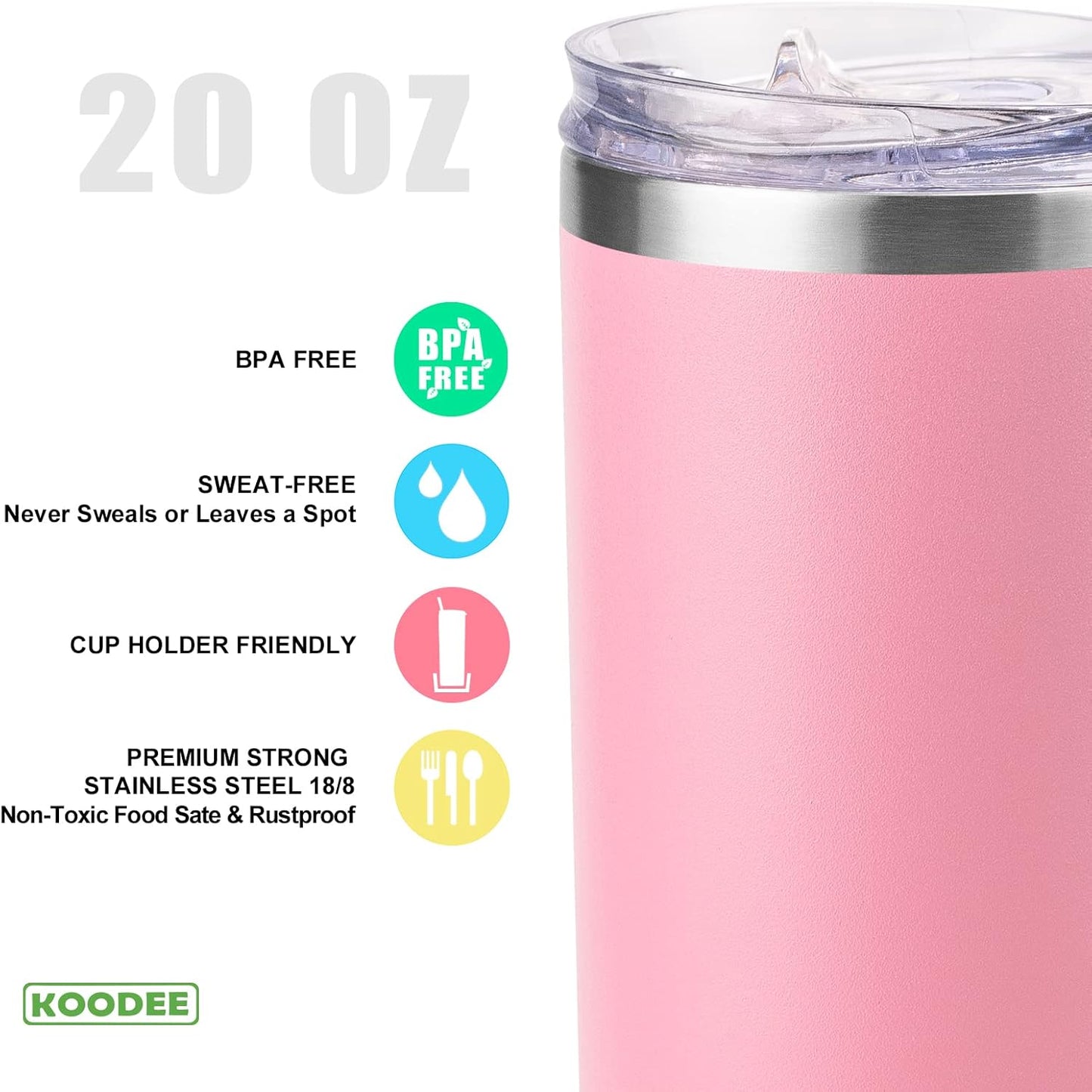 koodee 20 oz Stainless Steel Skinny Tumblers (4 Pack) Double Wall Insulated Water Tumbler Cup with Lids, Straws and Straw Brushes (Teal/Purple/Pink/Black)
