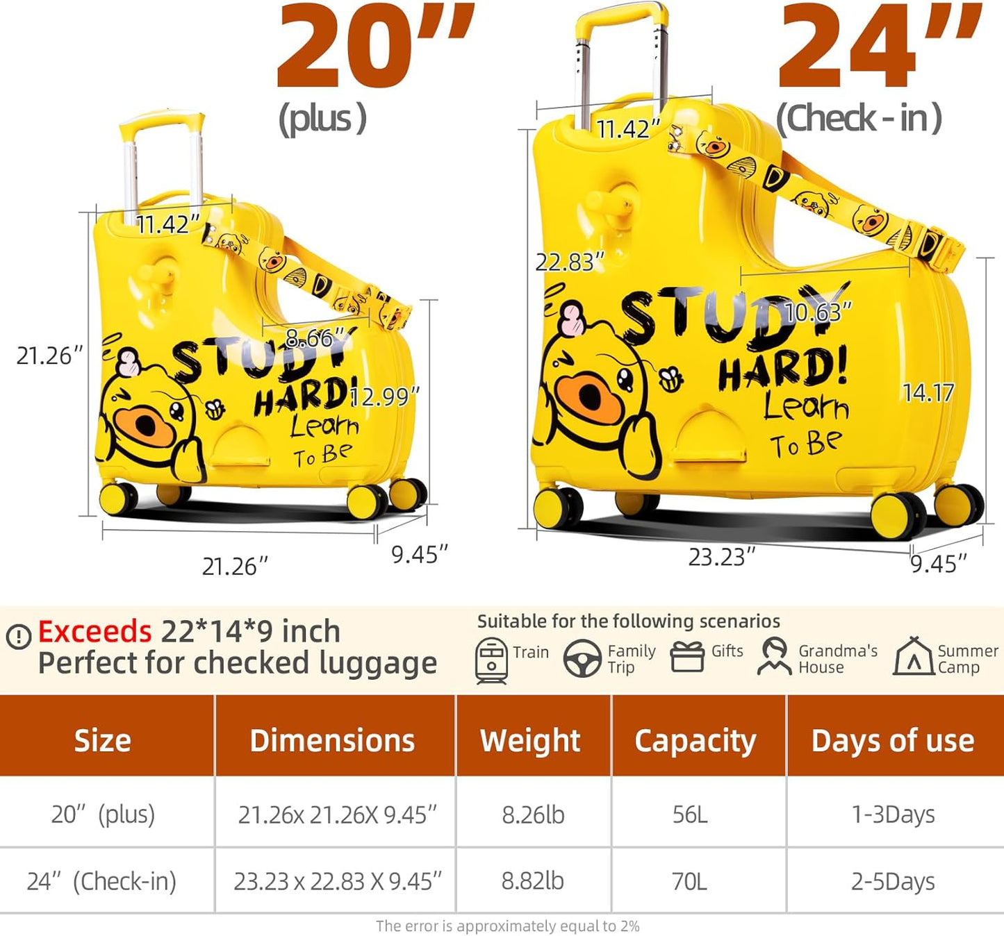 Kids' Lightweight Ride on Luggage with Spinner Wheels & Foldabe Design (Yellow Study, 20"+ Aged 1-3 Toddler),Children Holiday Birthday Gift