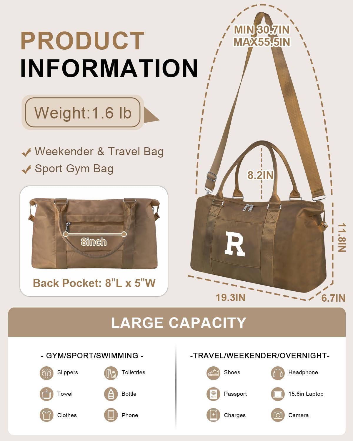 Birthday Graduation Gifts for Daughter,Initial Travel Duffel Bag Sports Gym Bag for Girls Teen Kids Birthday Gifts,Personalized Weekender Bag Carry On Tote Bags Cute Overnight Bag for Women(Brown, R)