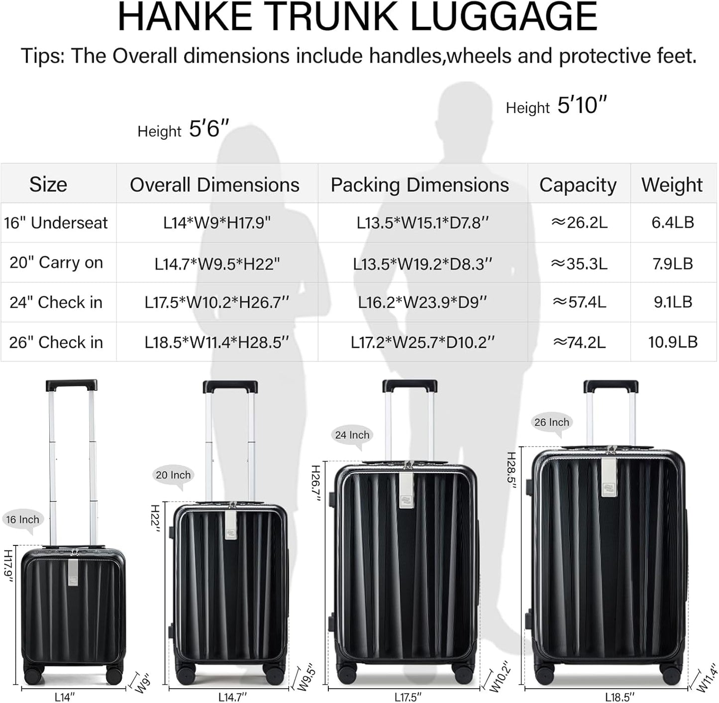 Hanke 20 Inch Carry-On Luggage PC Hard Shell Suitcases for Travel Front Opening Aluminum Frame Travel Luggage Rolling Suitcase with Wheels for Women Man Gifts.(Jet Black)