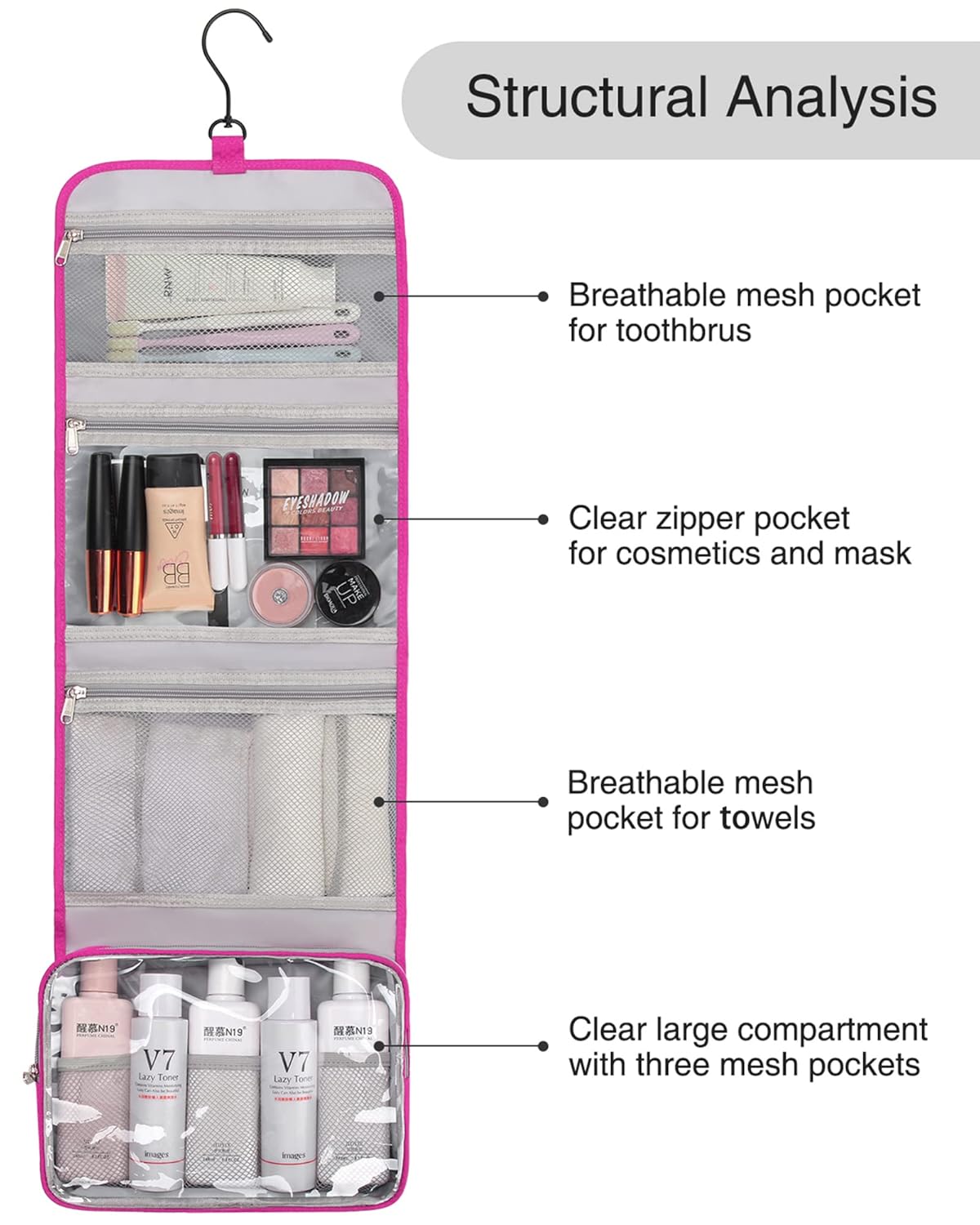 Relavel HangingTravel Toiletry Bag for Women, Large Capacity Toiletries Bag, Travel Essentials Organizer, Hanging Makeup Case for Accessories, Waterproof Bathroom Shower Bag (hot pink)