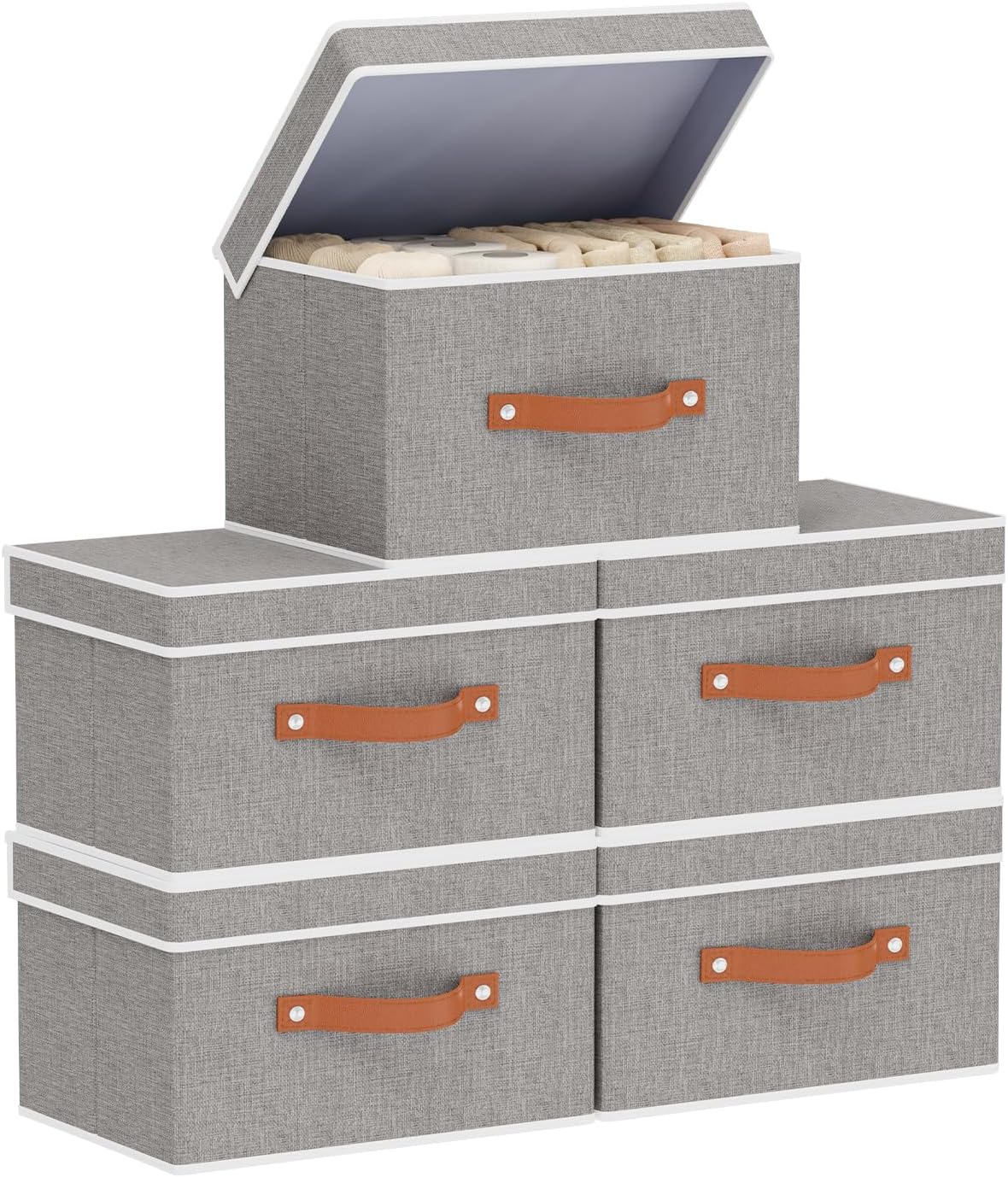 Fabric Storage Bins with Lids, Linen Foldable Clothes Boxes, Closet Organizer Containers with Double Handles, Baskets for Bedroom, Grey, 5 Pack, 13 x 9.1 x 7.9 Inch