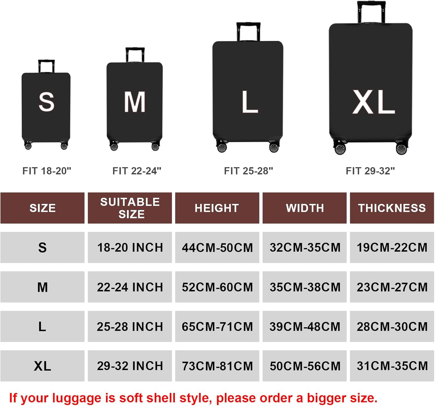 WUJIAONIAO Travel Luggage Cover Baggage Suitcase Cover Protector Skins 18-32 Inch (Pure Black, XL (for 29-32 inch luggage))