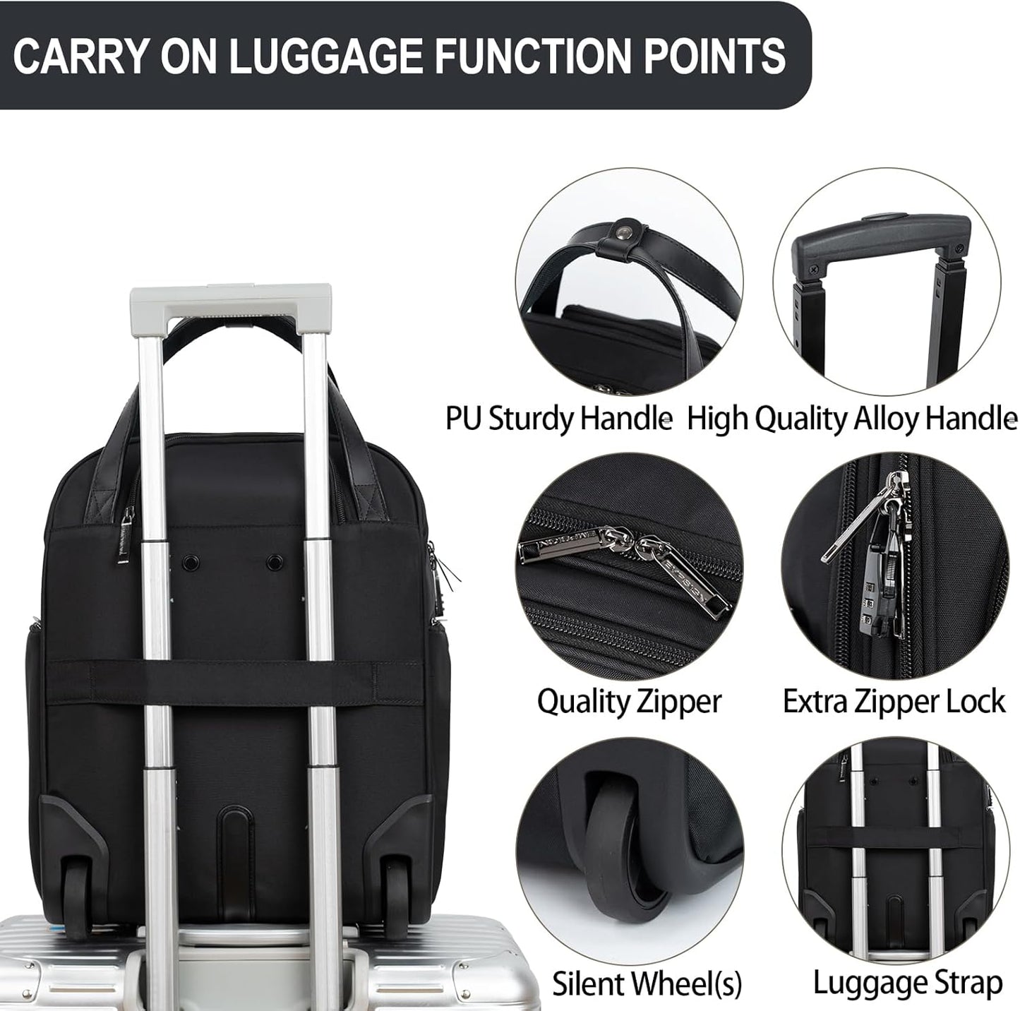 EMPSIGN Underseat Carry On Wheeled - 16" Carry on Bag with Wheels Multi-functional Lightweight Rolling Bag Overnight Weekender Small Suitcase for Women Men Travel Business, Black