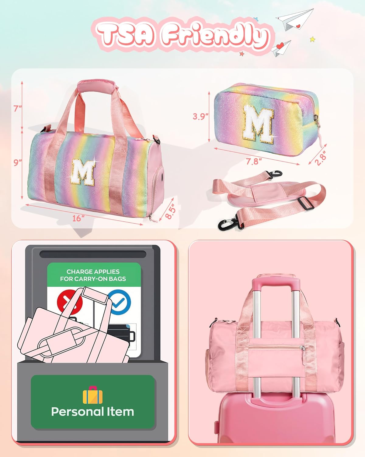 Girly Girl Stuff-Girl Gym Bag with Shoe Compartment, Kid Personalized Weekender Overnight Bags, Initial Travel Tote with Makeup Pouch, Gift Ideas for Niece Sister (Letter W)