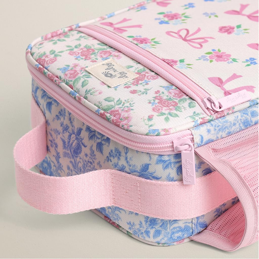 Itzy Ritzy Toddler Lunch Box - Kids Lunch Bag is Insulated and Includes Water Bottle Holder Plus 2 Pockets - Durable, Easy to Clean Lunch Box Toddler Bag (Ribbons & Roses)