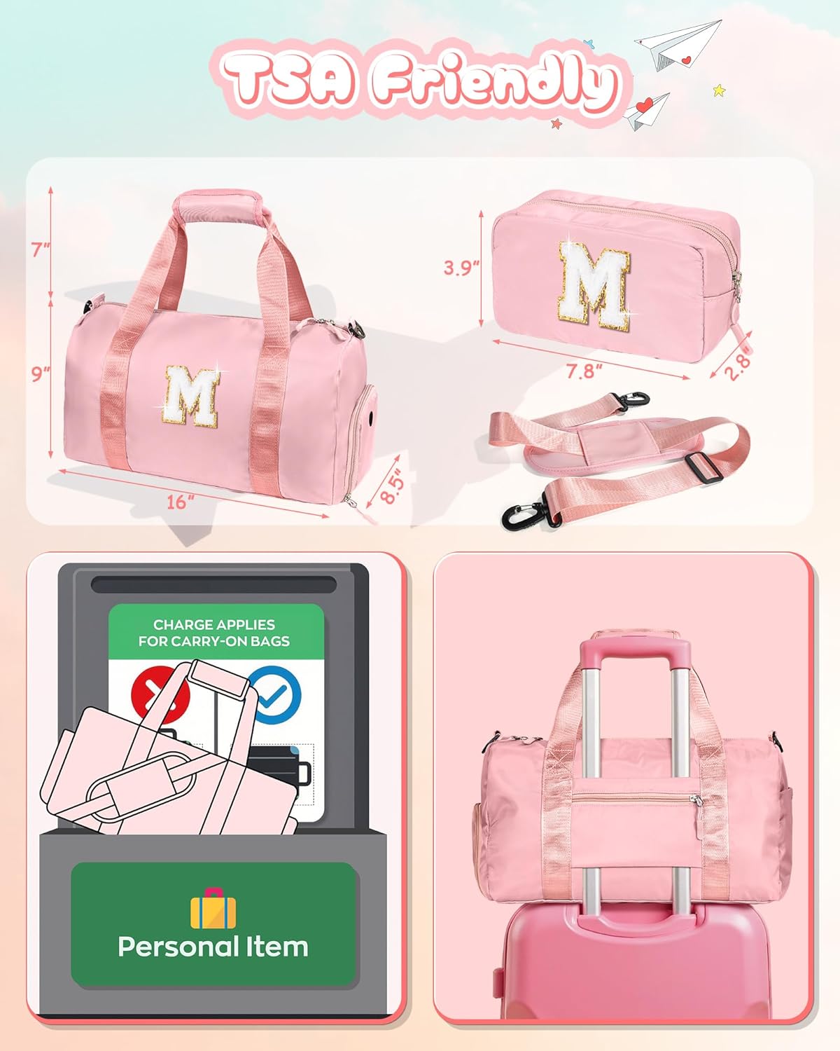 Easter Gifts for Kids-Girl Gym Bag with Shoe Compartment, Kid Personalized Weekender Overnight Bags, Initial Travel Tote with Makeup Pouch, Valentines Day Gift for Girls (Letter R)