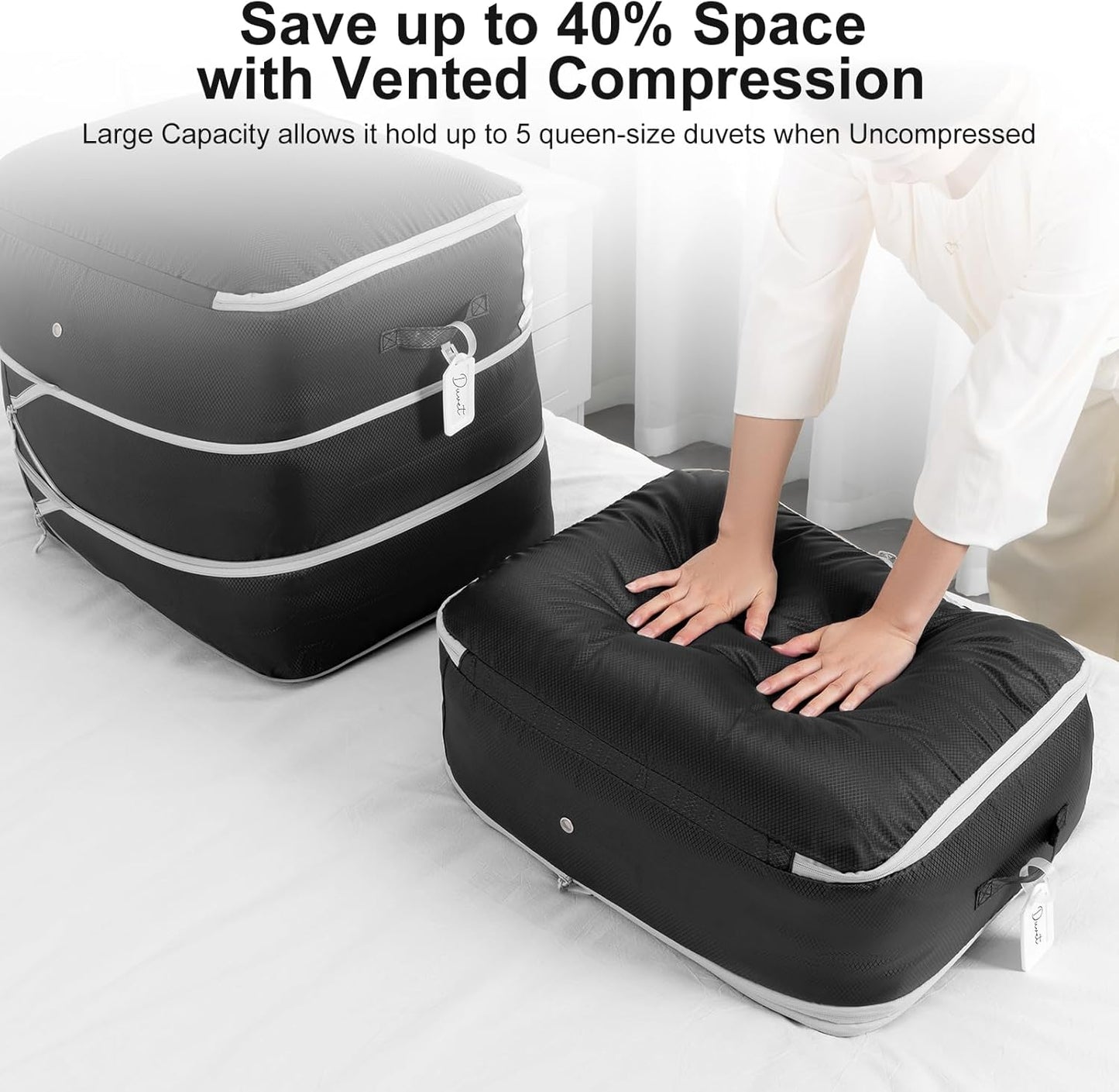 Comforter Storage Bag - Large Capacity Blanket Storage Bags 3-Layer Ultra Space Saving Self Compression Organizer, Washable Compression Bags for Storage Comforter Blanket, 2-Pack, Black