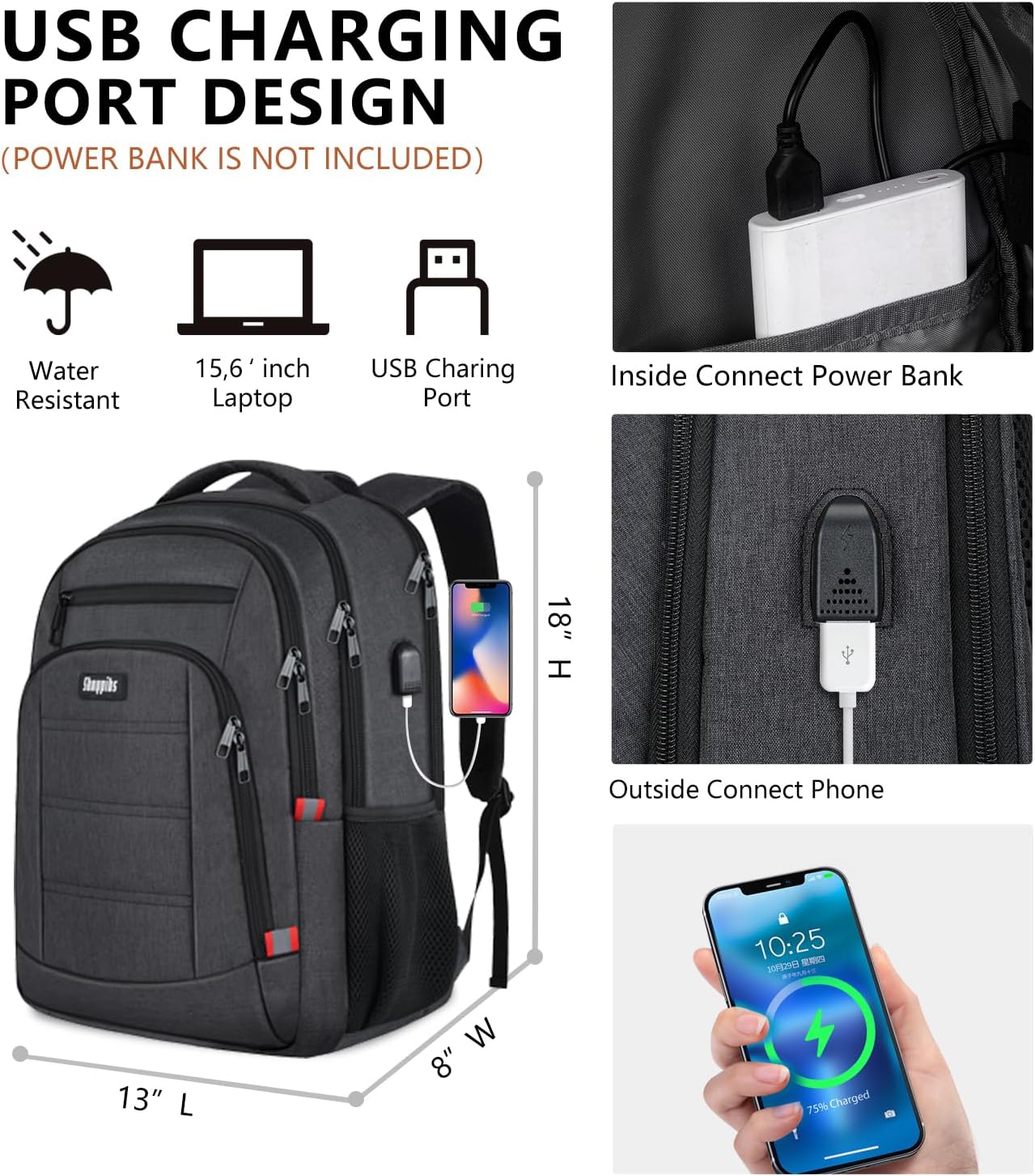 Backpack for Men,School Backpack for boys teens with USB Charging Port,Water Resistant Backpacks for School, Business Work College bookbag,book bag Fits 15.6 Inch,Black Back Pack