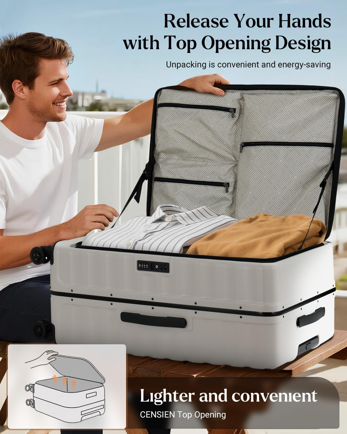 Luggage Sets 2 Pieces, 20/28 Inch PC Hardshell Suitcase with Spinner Wheels, 20 Inch Expandable Clamshell Carry On Luggage and 28 Inch Aluminum Frame Top Opening Checked Luggage (White)