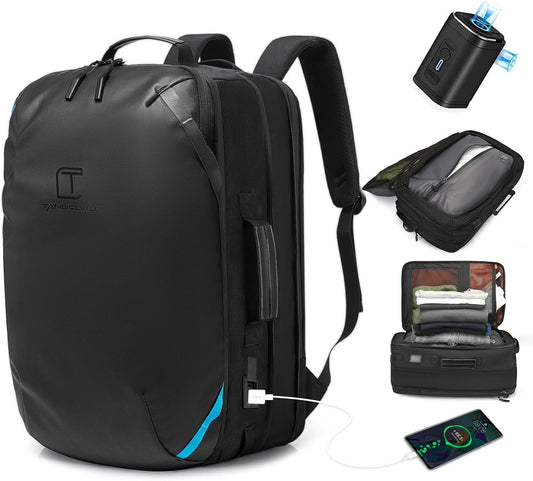 Vacuum Compression Backpack with Pump, Extra Large Capacity 45L Expandable Travel Backpack, Water Resistant 17.3" Laptop Backpack with USB Charging Port for Men & Women