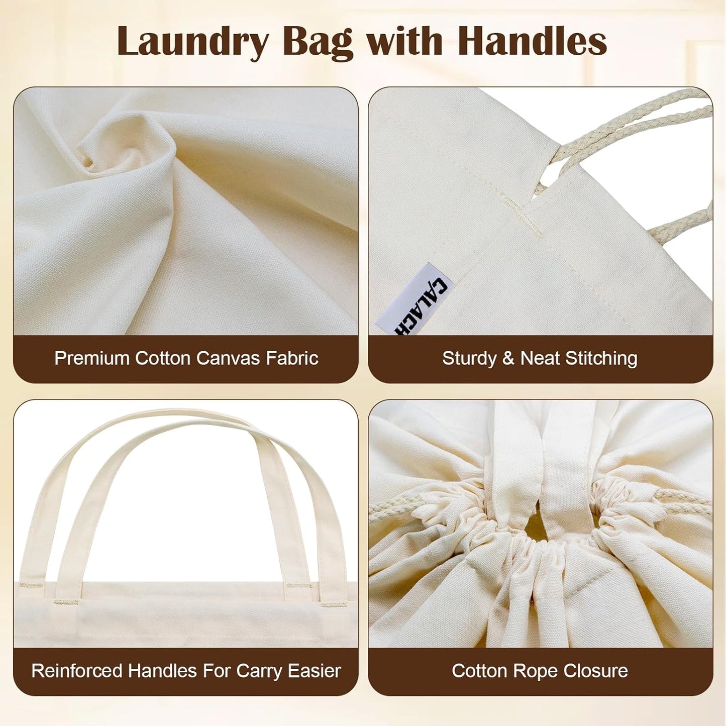 Canvas Laundry Bags 18x18in with Handles & Square Base, Extra Large Heavy Duty Laundry Basket Hamper Liner, Washable Drawstring Dirty Clothes Bag Canvas Storage Sack (Natural XL,1 Pack)