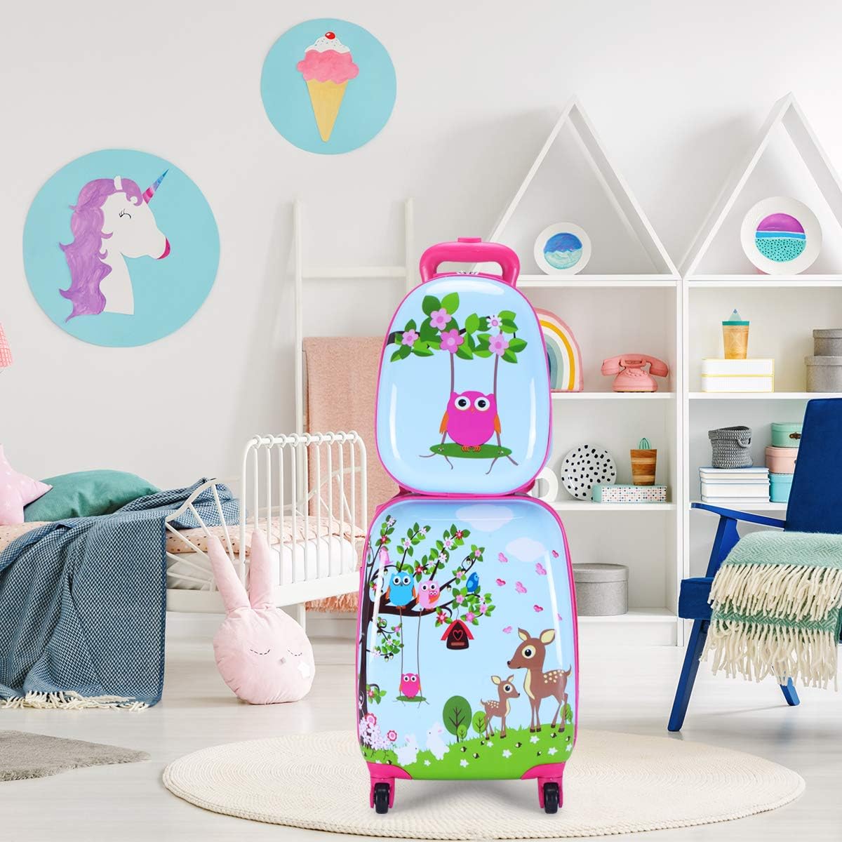 HONEY JOY Kids Luggage, 12” Travel Backpack & 16” Hard Shell Toddler Suitcase, Children Rolling Luggage with Wheels, Retractable Handle & 4 Casters, 2Pcs Carry On Luggage Set for Boys Girls(Deer)