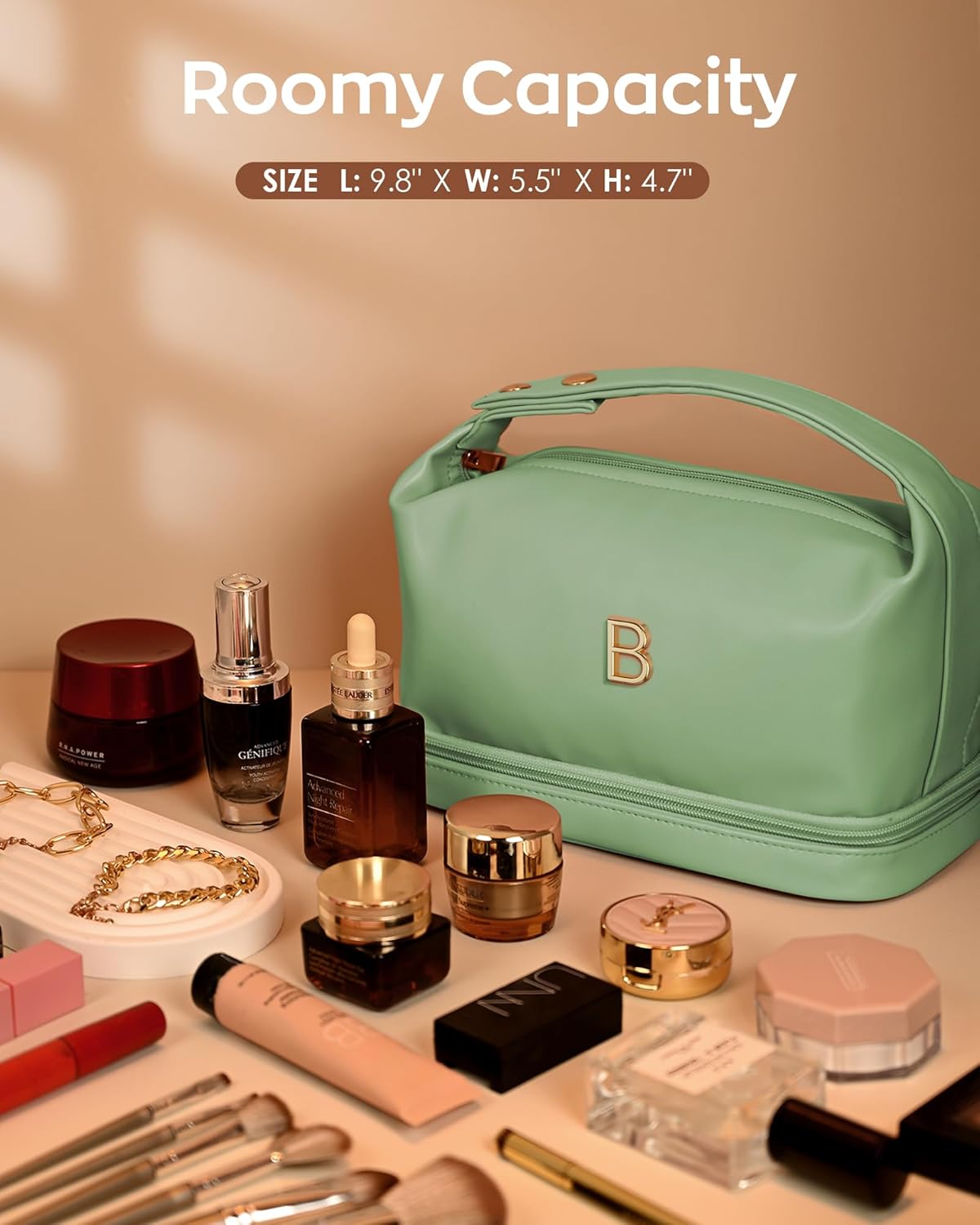 Monogram Gifts for Women, Personalized Makeup Bag with Handle, Initial Double Layer Cosmetic Bag with Makeup Brush Organizer, Cute Cosmetic Pouch for Women, Gifts for Friends Female Mom