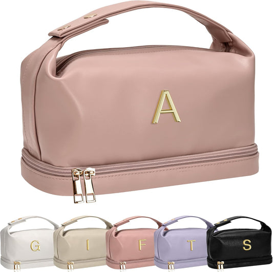 Birthday Bags for Women-Cool Gifts for College Girl, Initial Makeup Bag with Handle, Bridesmaid Bags-Cosmetic Bag, Makeup Bags Letter Travel Toiletry Bag with Makeup Brush Organizer