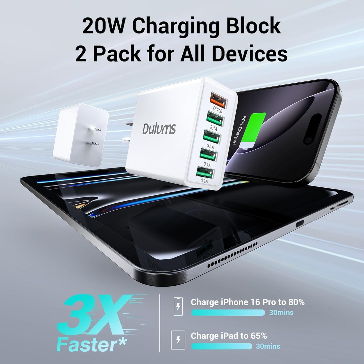 50W USB Wall Charger Block,2Pack 5-Port Charger Fast Charging Block QC 3.0 Multiport Box Brick Cube USB A Wall Plug for iPhone 16/15/14 Pro Max Plus, iPad,Galaxy, LG, Moto, Android Phones,AirPorts