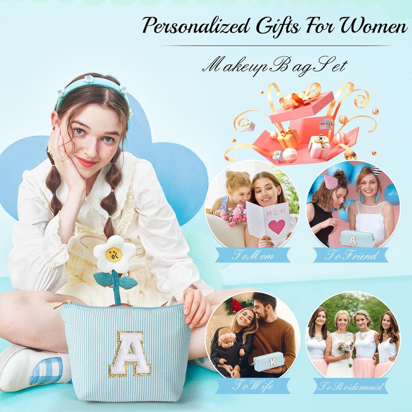 YOOLIFE Gifts for Women & Girls, Teen & Birthday Gifts, Personalized Initial Makeup Bag