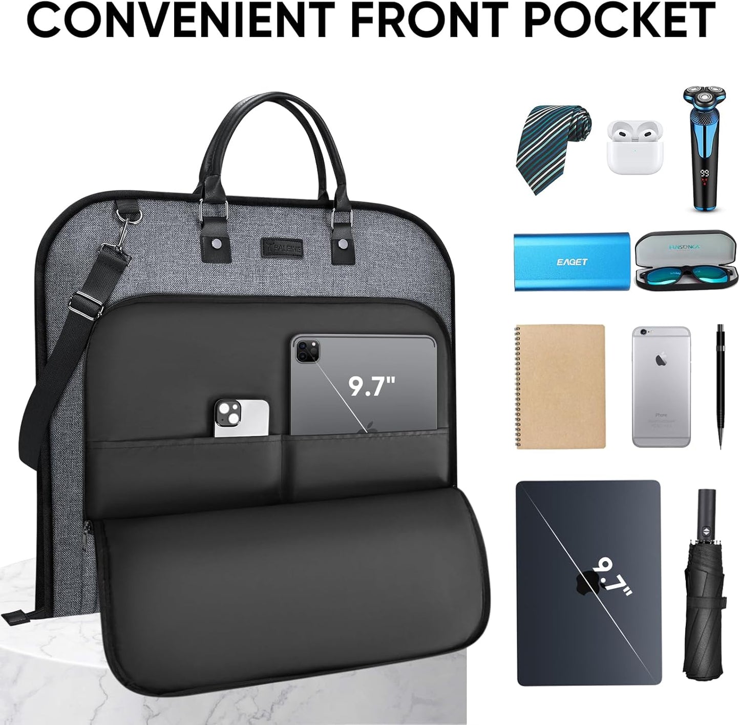 BALEINE Travel Garment Bag, Travel Suit Bag for Men, 42'' Waterproof Carry on Garment Bags for Hanging Clothes, Garment Duffel Bag for Travel Business (Grey)