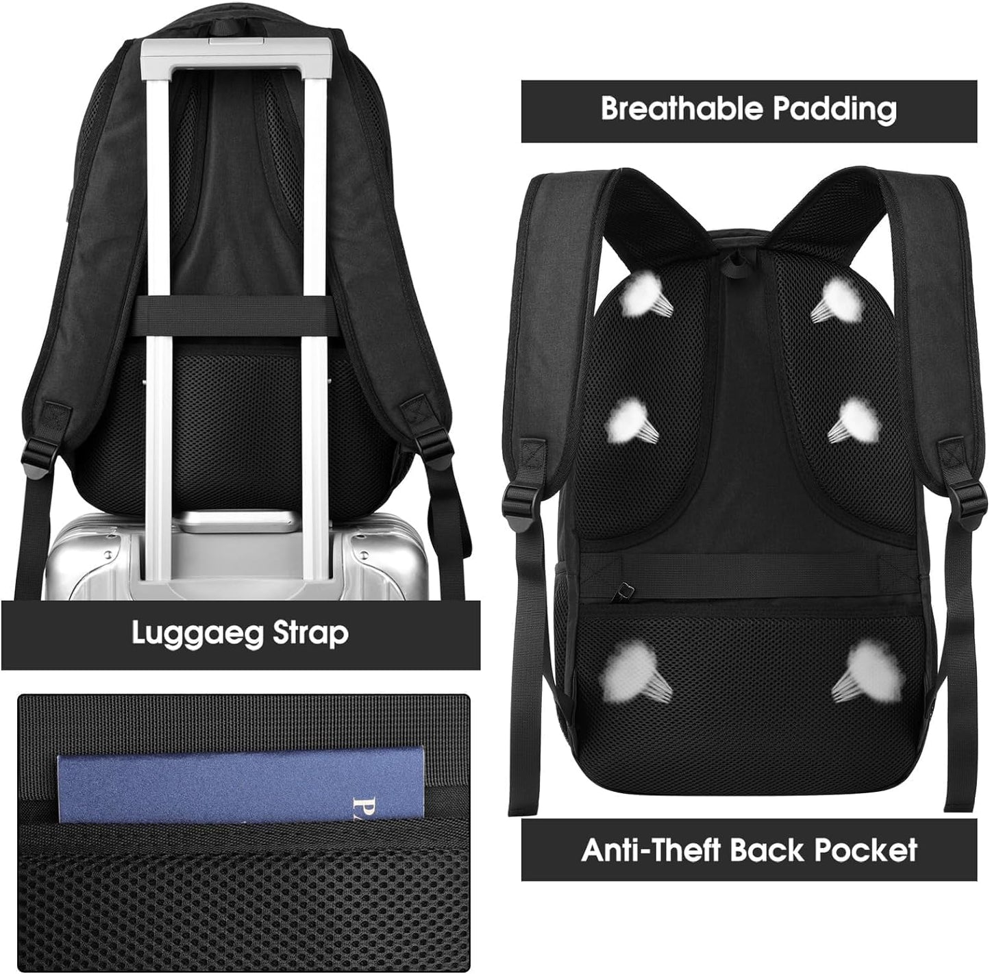 Travel Laptop Backpack for Men and Women, 17 Inch Large School Backpacks for Teens, Business Anti Theft Durable Back Pack, Water Resistant Computer Bag with USB Charging Port, Black