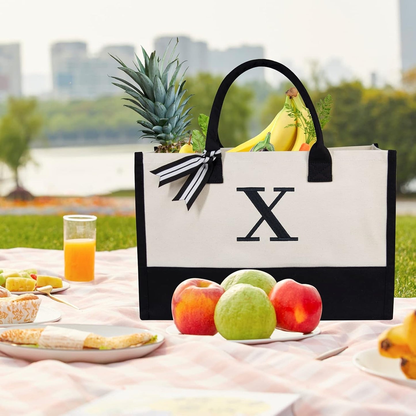 TOPDesign Embroidery Initial Canvas Tote Bag, Personalized Present Bag, Suitable for Wedding, Birthday, Beach, Holiday, is a Great Gift for Women, Mom, Teachers, Friends, Bridesmaids (Letter X)