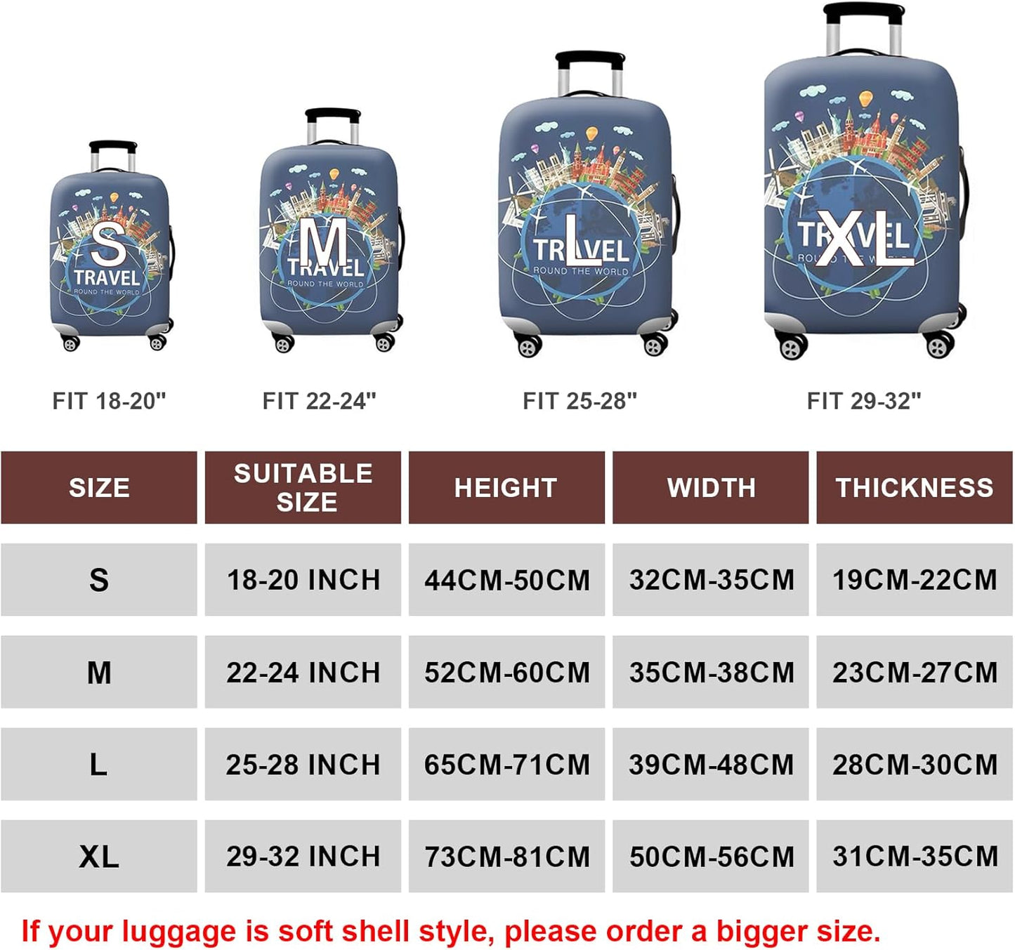 WUJIAONIAO Travel Luggage Cover Spandex Suitcase Protector Washable Baggage Covers (S (for 25-28 inch luggage), TRAVEL)