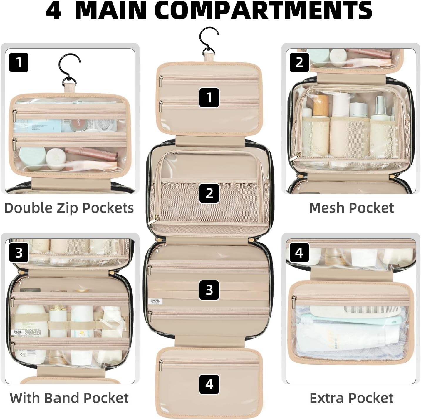 BAGAIL Hanging Toiletry Bag for Women Water-resistant Cosmetic Bag Large Capacity Travel Makeup Organizer for Full-Sized Travel Essentials(Standard, Black)