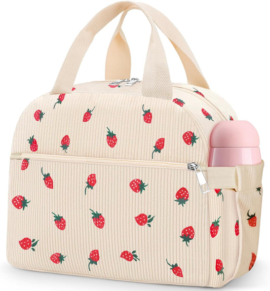 Lunch Bag Lunch Box for Women Adults Men, Cute Strawberry Corduroy Insulated Reusable Work Leakproof Simple Large Lunch Boxes Tote Bag Cooler Bag