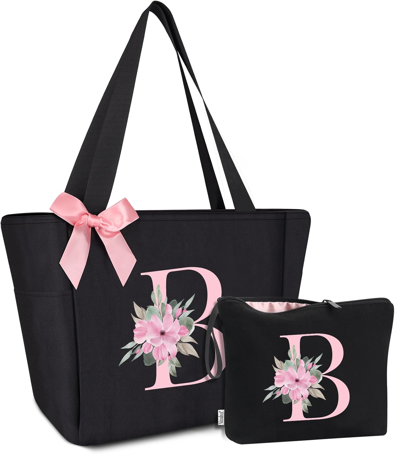 Vavabox Tote Bag, A-Z Initial Monogrammed Waterproof Tote Bag, Bridesmaid Gifts for Women, Black and Pink
