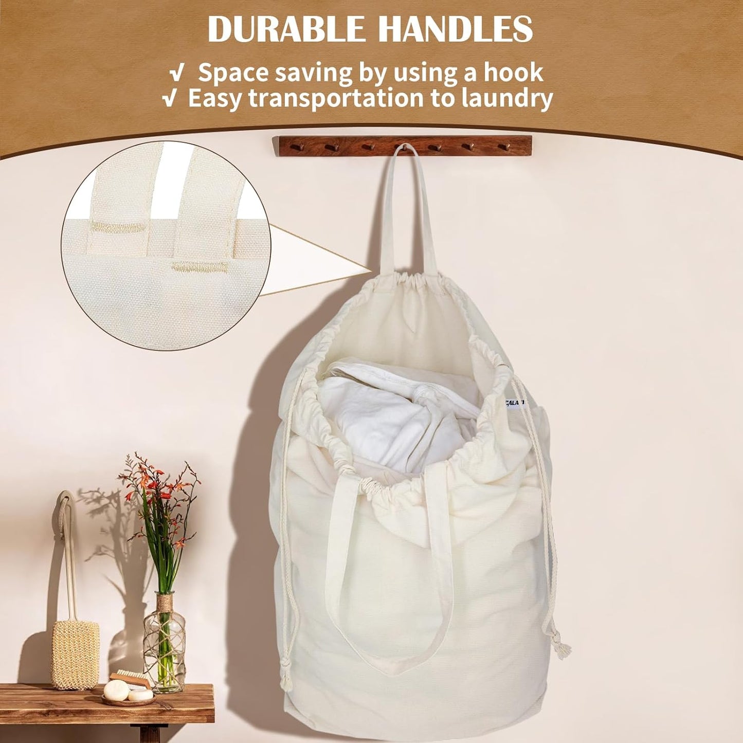 Canvas Laundry Bags with Handles & Square Base 13.8"x 13.8", Large Heavy Duty Laundry Basket Hamper Liner, College Dorm Washable Drawstring Cotton Dirty Clothes Bag (Natural,1 Pack)