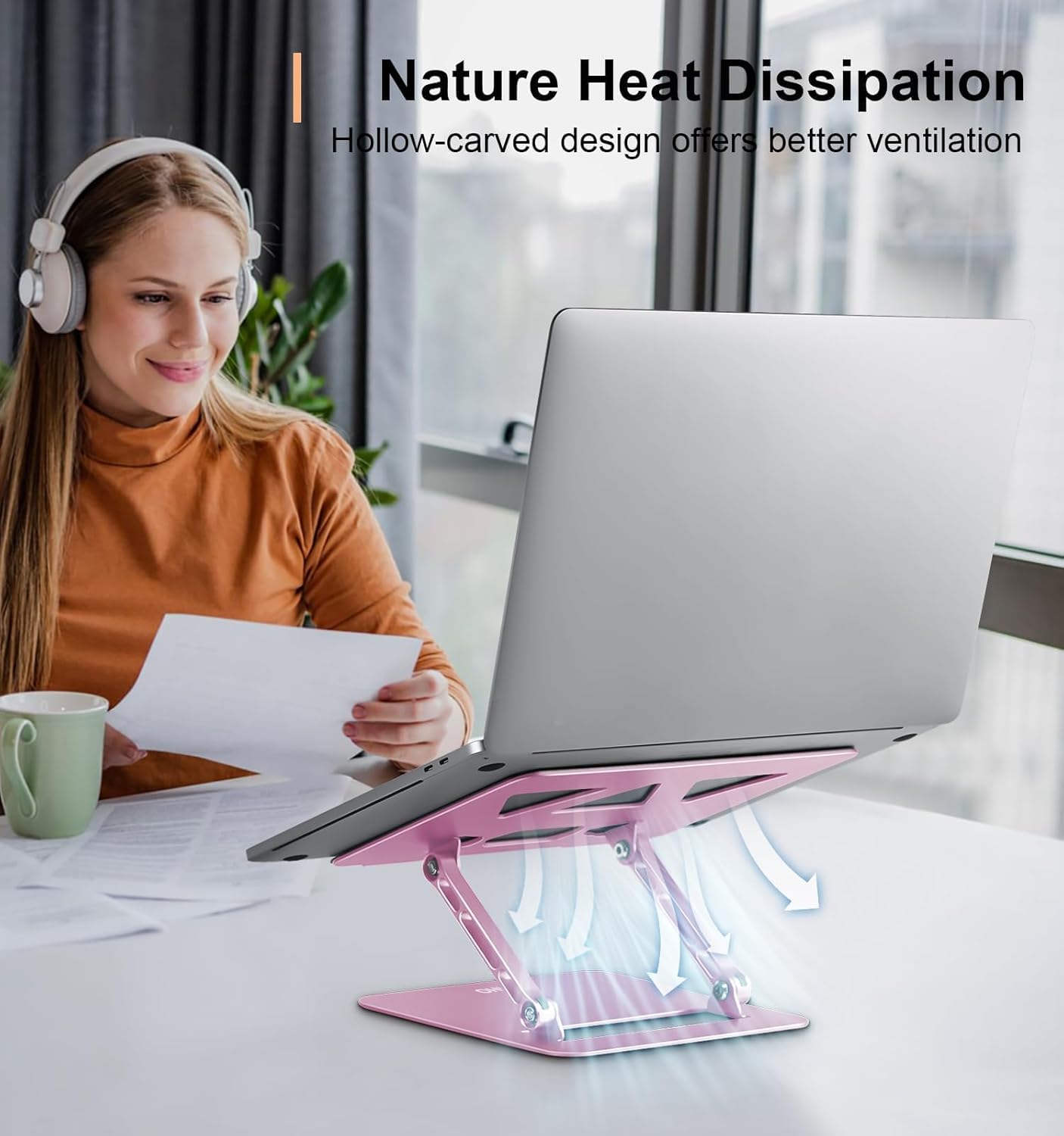 Laptop Stand Holder, Adjustable Desk Laptop Riser, Foldable Notebook Computer Stands for MacBook Air Pro HP Lenovo Dell Samsung Chromebook, Up to 15.6 inch, Rose Gold
