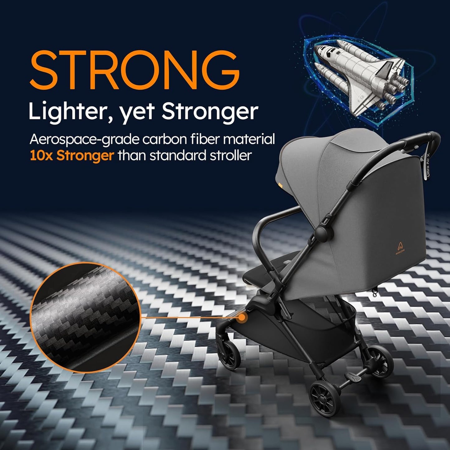 Lightweight Baby Strollers for Airplane, Ultra-Compact Travel Stroller, Light & Strong Portable Toddler Stroller with Carbon Fiber Frame and UPF 50+ Waterproof Canopy, Only 9.9 lbs, Black