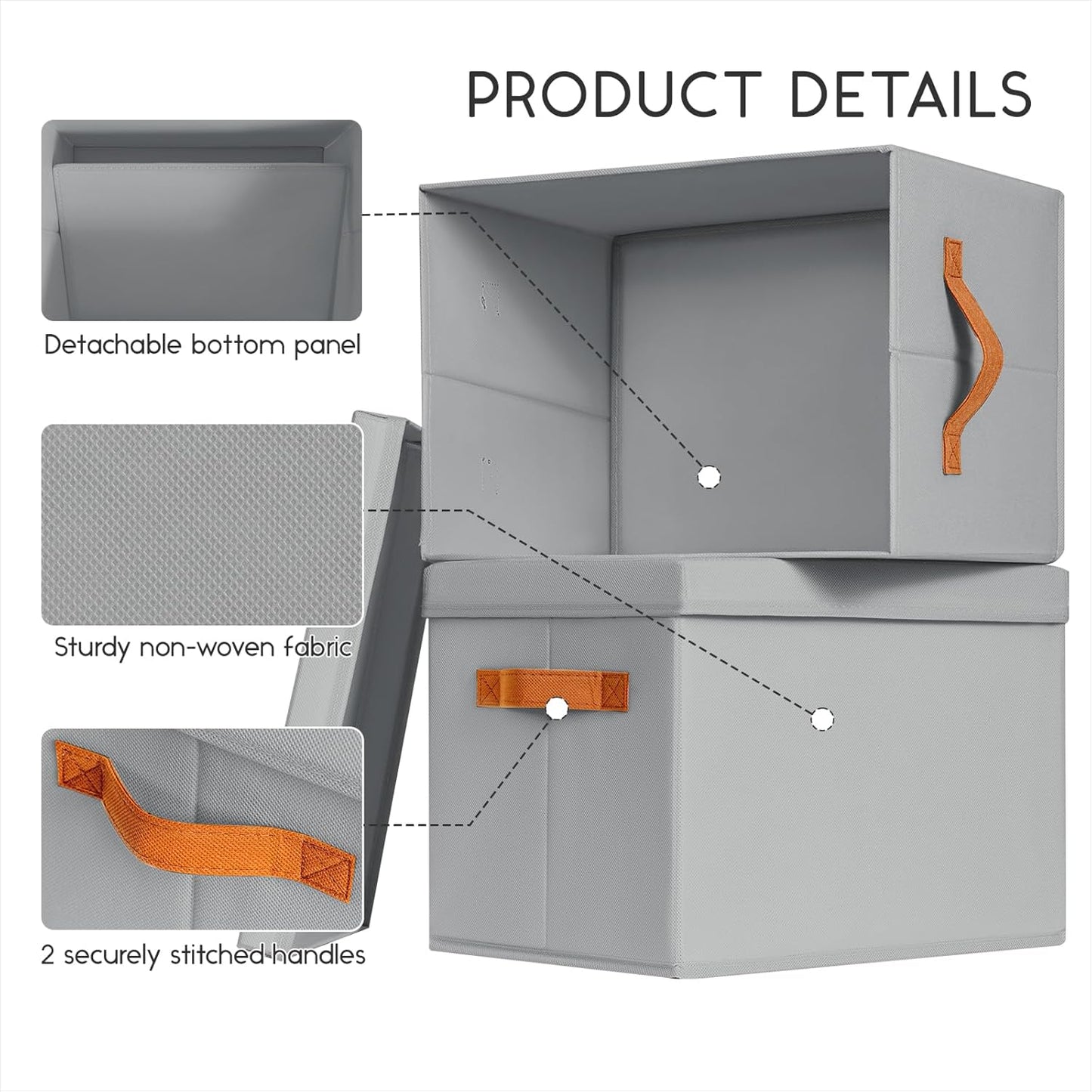 Storage Bins with Lids - Fabric Storage Baskets for Shelves, 4 Pack Foldable Decorative Boxes with Handles, Stackable Organizer Bins for Home, Nursery, Dorm, Grey