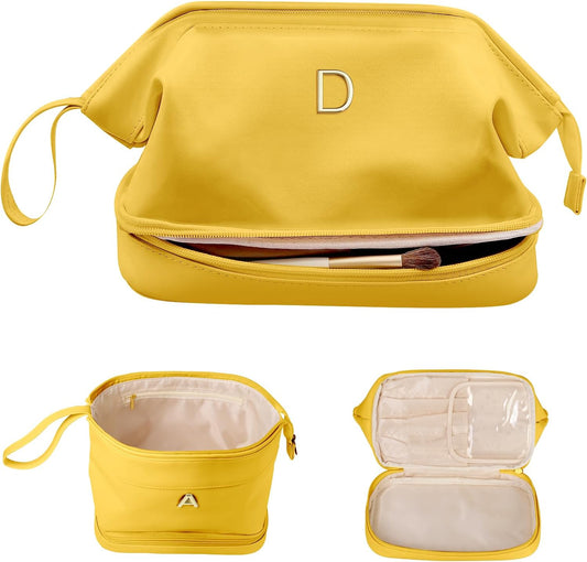 Honeymoon Gifts, Initial Makeup Bag, Travel Gifts, Personalized Bags, Waterproof Double Layer Cosmetic Bag, Large Capacity PU Leather Makeup Bags Letter Travel Toiletry Bag, Friend Gifts