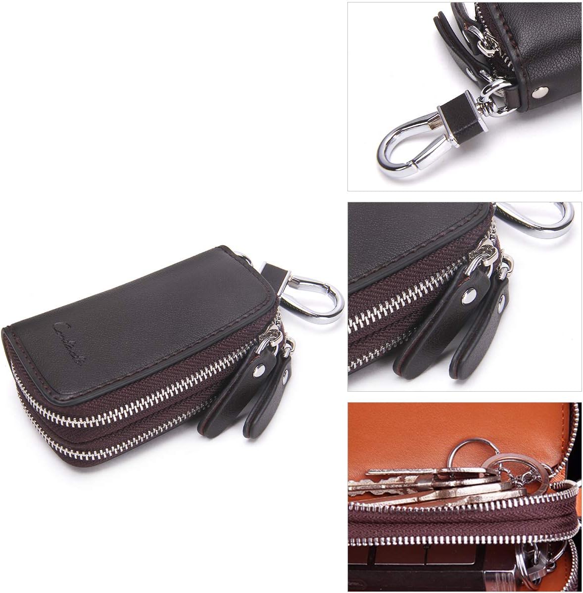 CONTACTS Car Key Case Small Leather Double Zipper Key Holder with 4 Keyrings Keys Organizer for Men Women