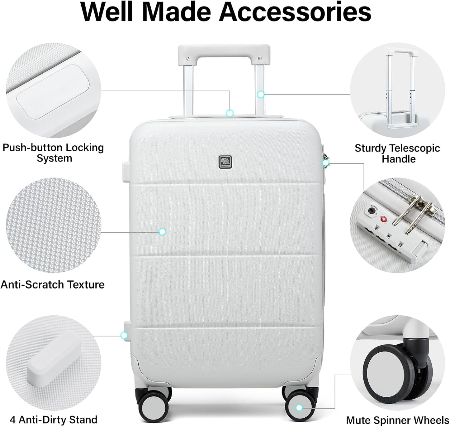 Hanke 24 Inch Checked Luggage with Spinner Wheels Hard Shell Suitcases Lightweight Travel TSA Luggage for Women Men Medium Suitcase(Smoke White)