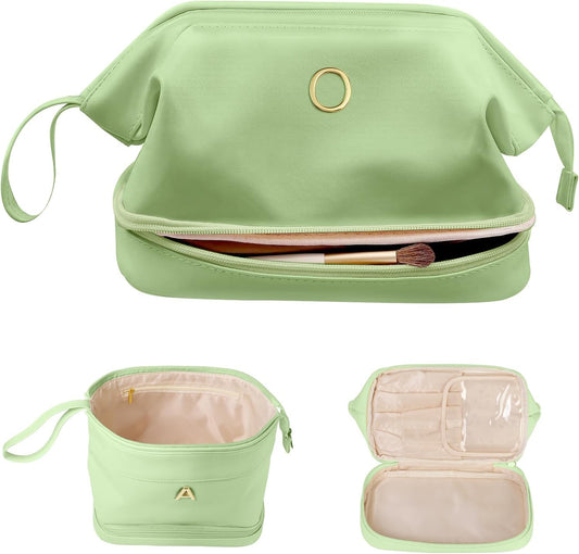 Gifts for Co Workers Female, Initial Large Makeup Bag, Bride To Be Gifts, Double Layer Cosmetic Bag, Waterproof PU Travel Toiletry Bag for Bachelorette Party Women Wedding Bridal, Bride Gifts