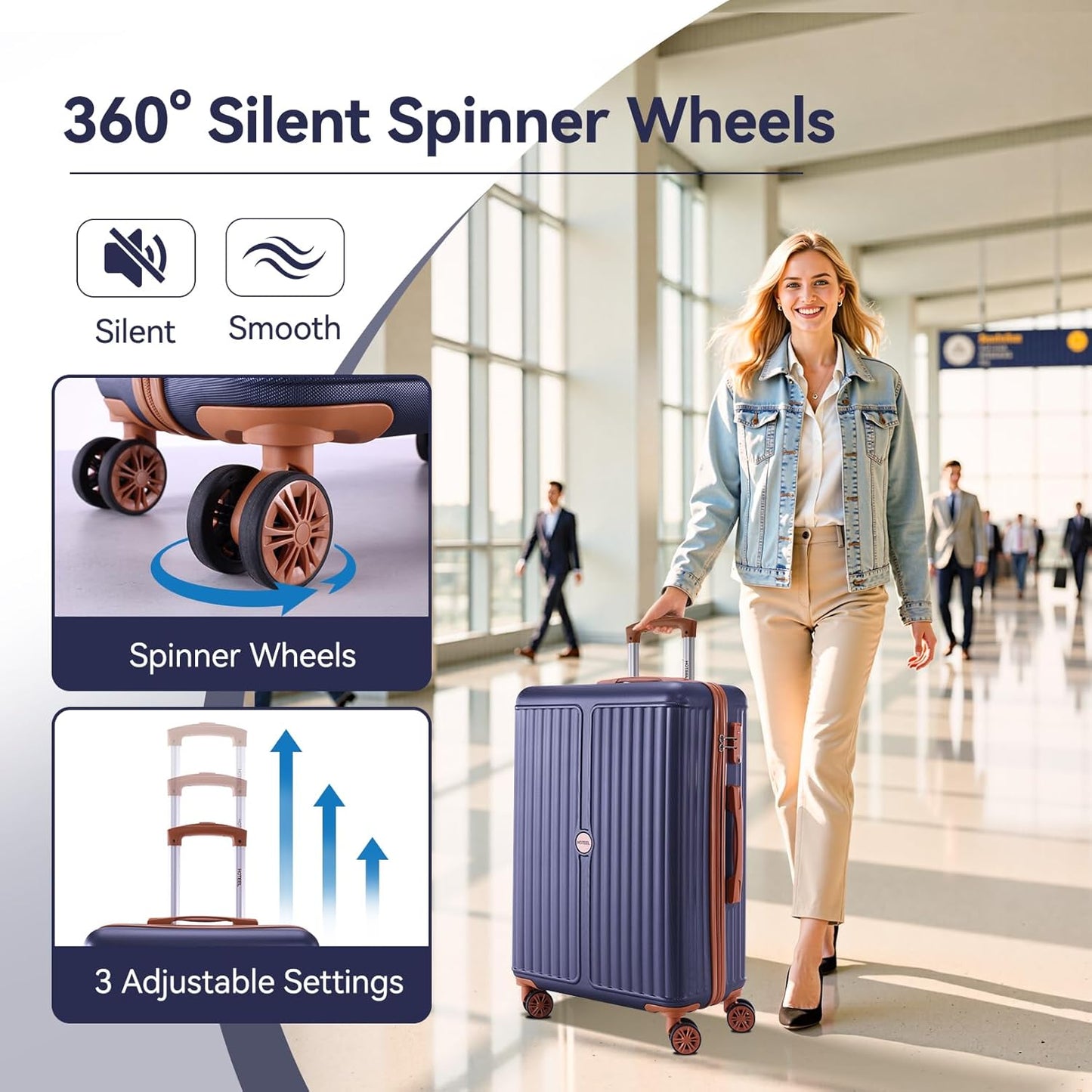 Hoteel 3 Piece Luggage Set with Spinner Wheels (4-YEAR WARRANTY), Carry on Luggage for Travel with TSA Lock, Hardshell ABS+PC Suitcase Set, 20" Suitcase + Expandable Duffel Bag+Cosmetic Bag(Dark Blue)